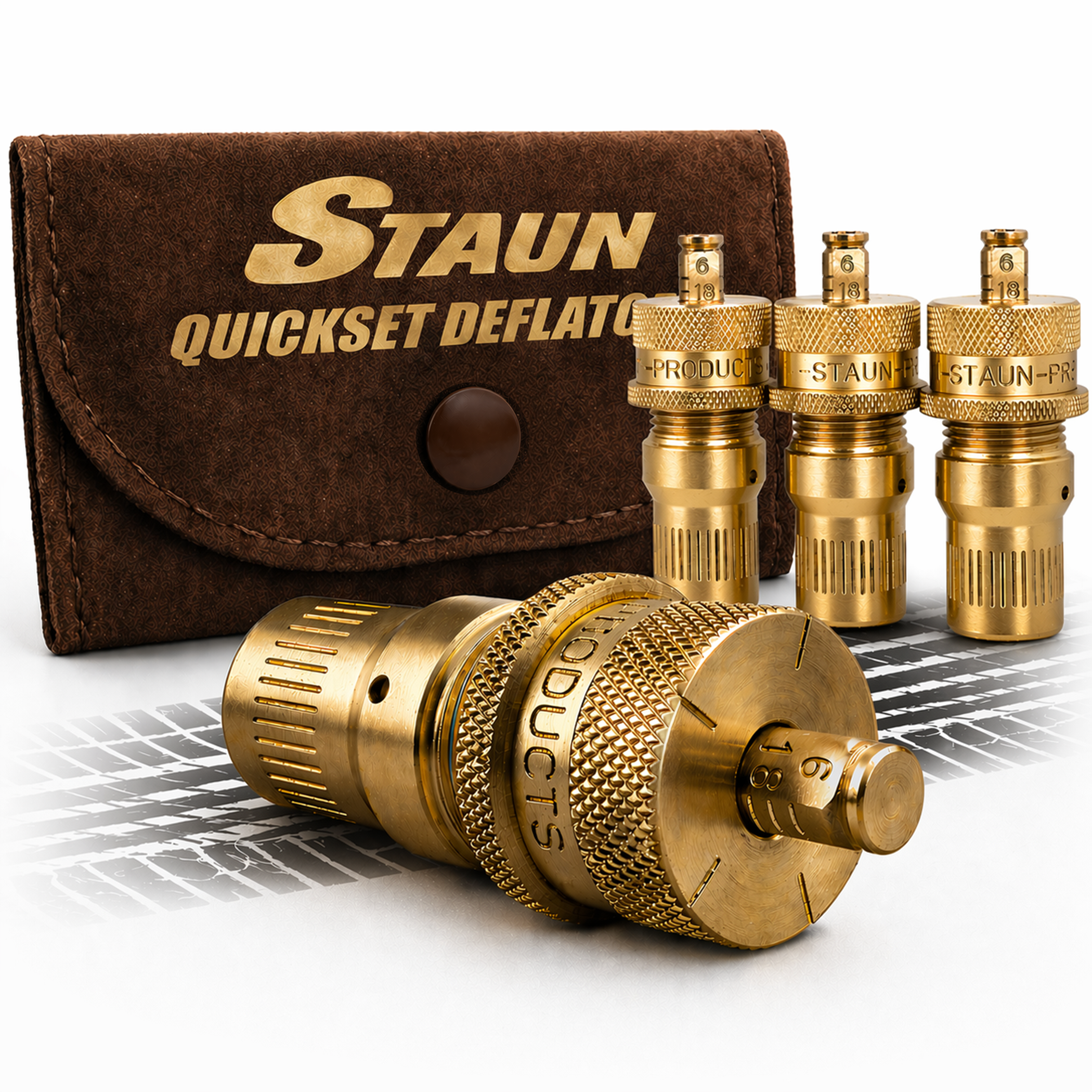 Staun Quickset Deflators, set of 4 in genuine leather pouch