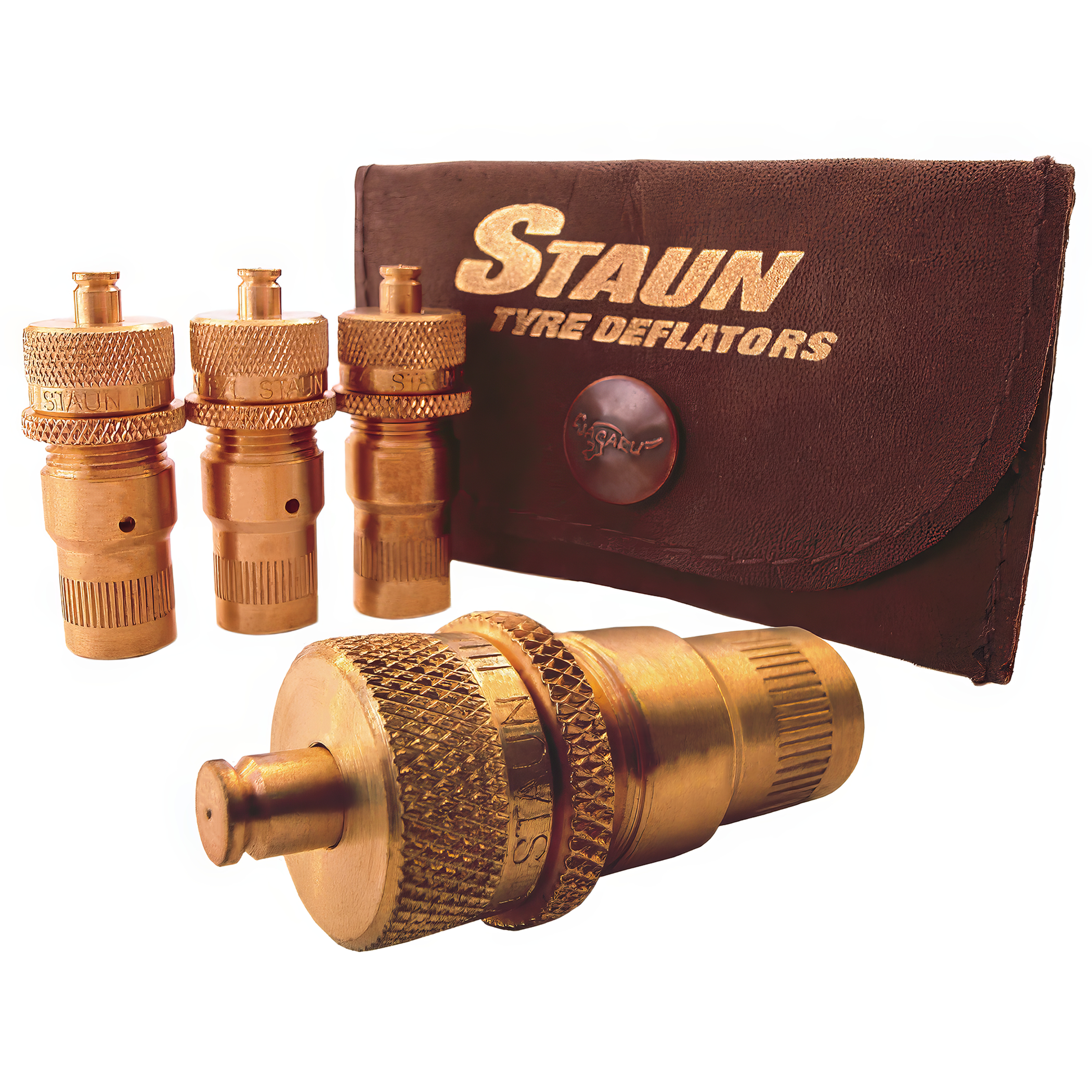 Staun Standard Range Tire Deflators, set of 4 in genuine leather pouch